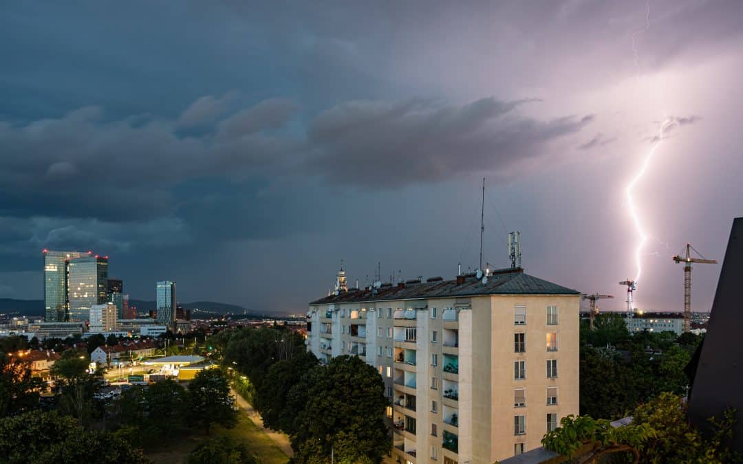 A crane in operation during stormy weather